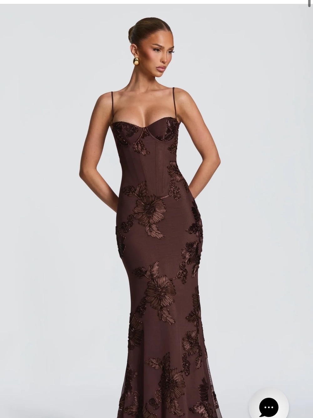 NWT Babyboo Nefertiti maxi wedding guest Brown Floral Sequin Bustier Formal Gown